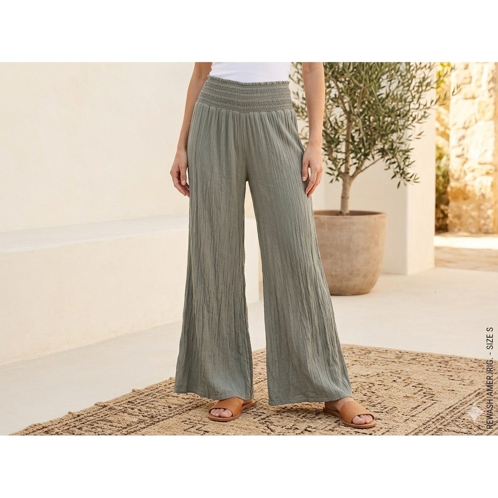 Rewash Olive Green Crinkle Gauze Wide Leg Smocked Waist‎ Boho Pants Small